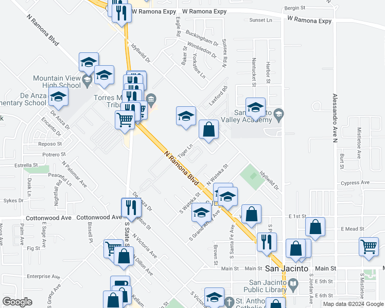 map of restaurants, bars, coffee shops, grocery stores, and more near 139 Tiger Lane in San Jacinto