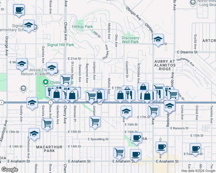 map of restaurants, bars, coffee shops, grocery stores, and more near 2601 East 19th Street in Signal Hill