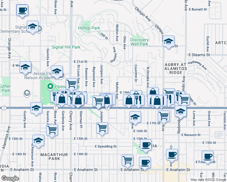 map of restaurants, bars, coffee shops, grocery stores, and more near 2575 East 19th Street in Signal Hill
