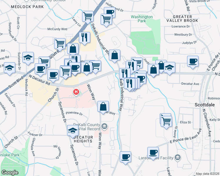 map of restaurants, bars, coffee shops, grocery stores, and more near 1102 Stratford Commons in Decatur