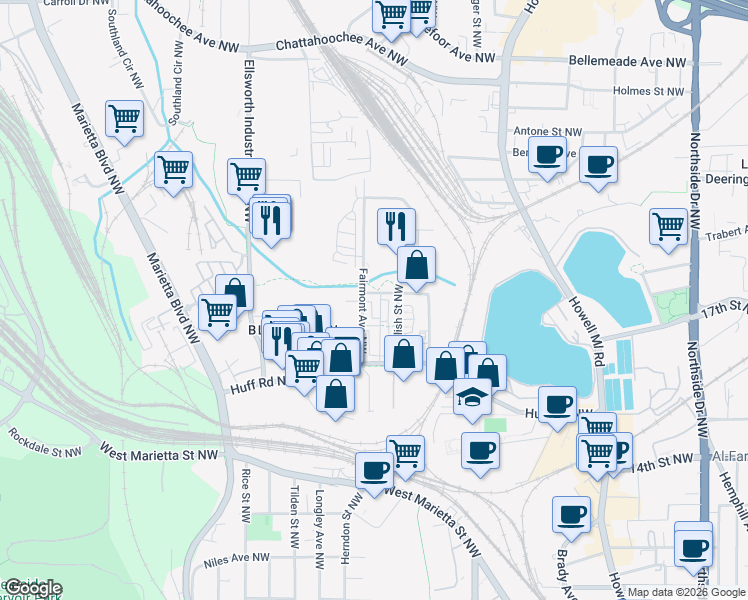 map of restaurants, bars, coffee shops, grocery stores, and more near 312 Culpepper Street Northwest in Atlanta