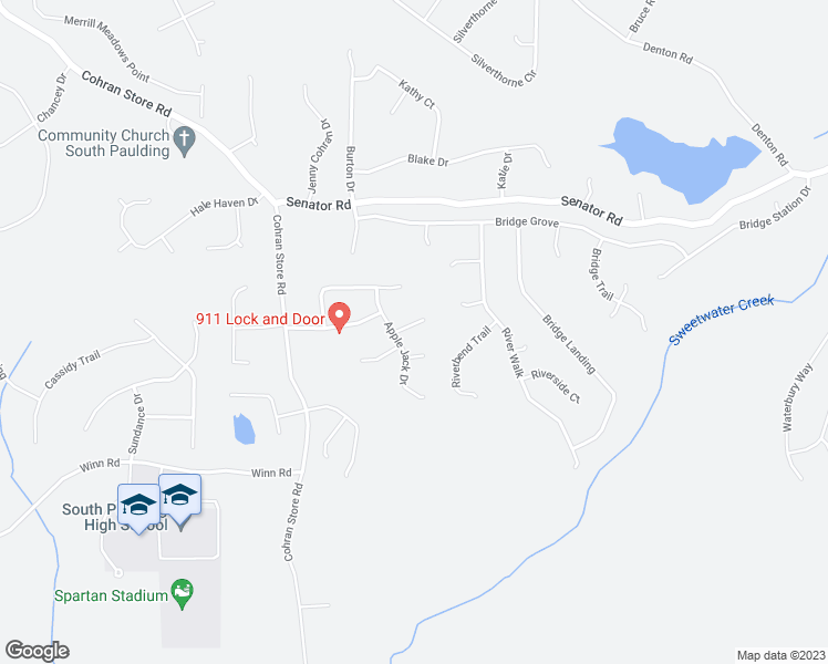 map of restaurants, bars, coffee shops, grocery stores, and more near 54 Black Berry Drive in Douglasville