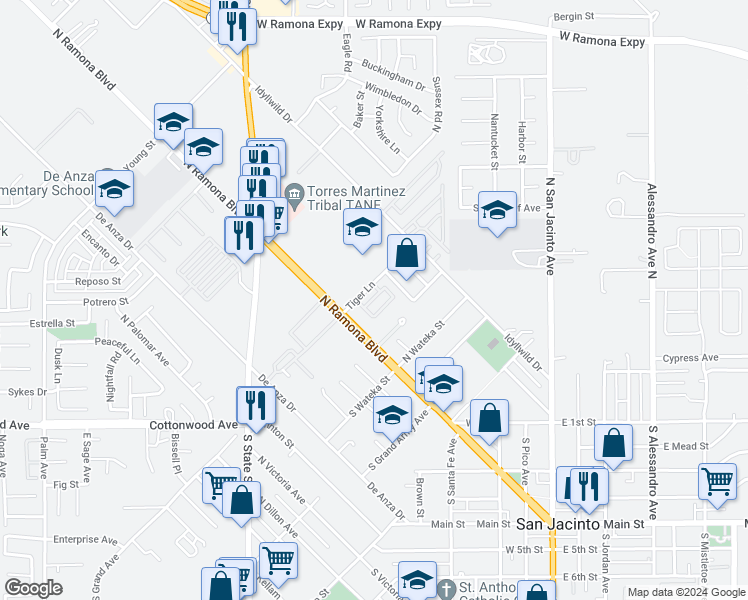 map of restaurants, bars, coffee shops, grocery stores, and more near 137 Tiger Lane in San Jacinto