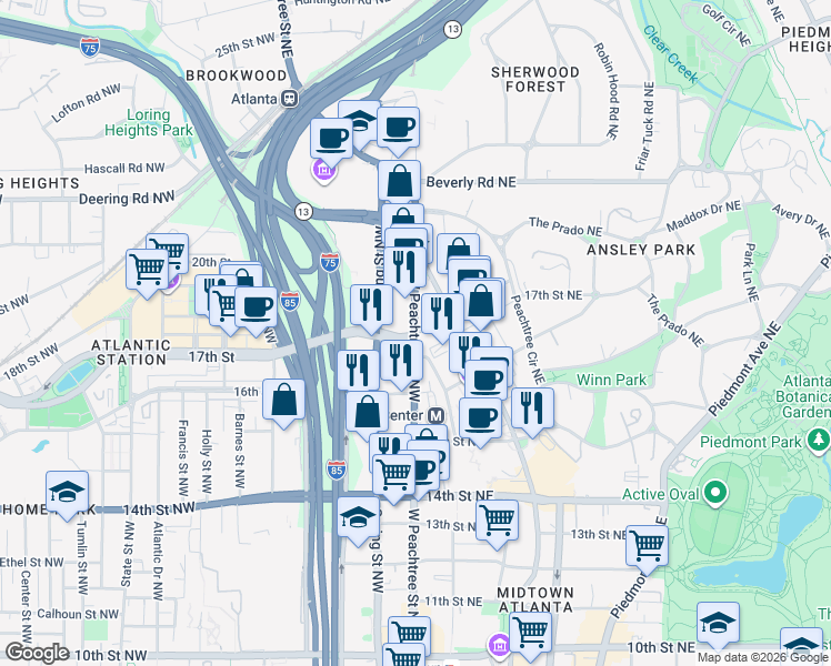 map of restaurants, bars, coffee shops, grocery stores, and more near 17th St NW & 17th St NE in Atlanta