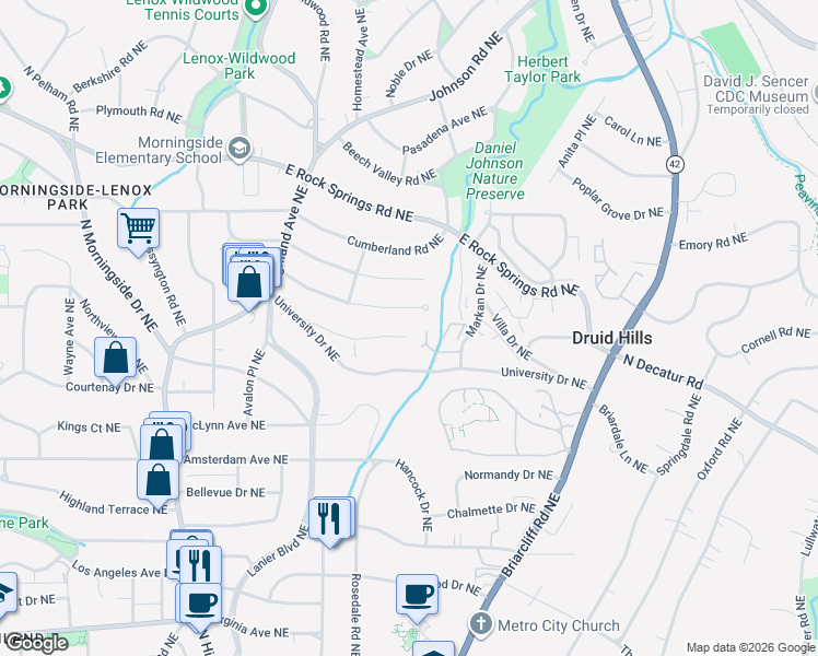 map of restaurants, bars, coffee shops, grocery stores, and more near 1256 Spring Valley Lane Northeast in Atlanta