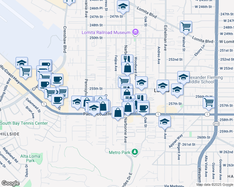 map of restaurants, bars, coffee shops, grocery stores, and more near 25519 Alliene Avenue in Lomita