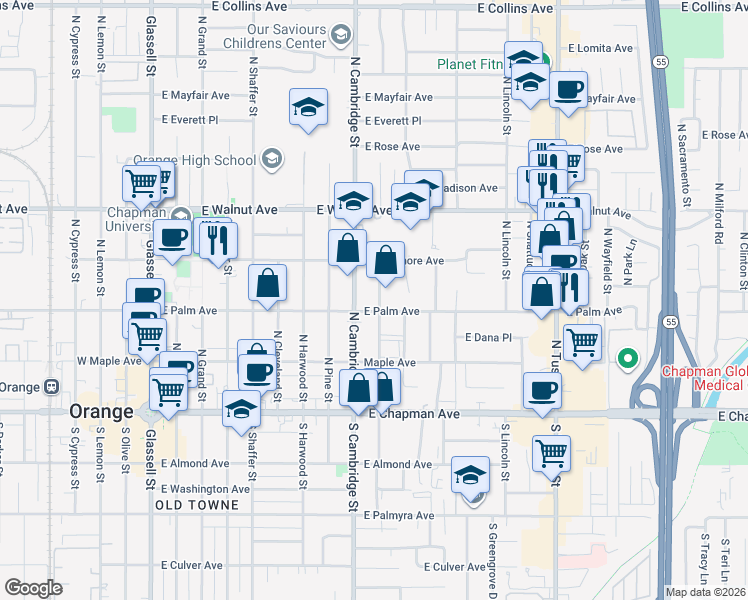 map of restaurants, bars, coffee shops, grocery stores, and more near 310 North Waverly Street in Orange