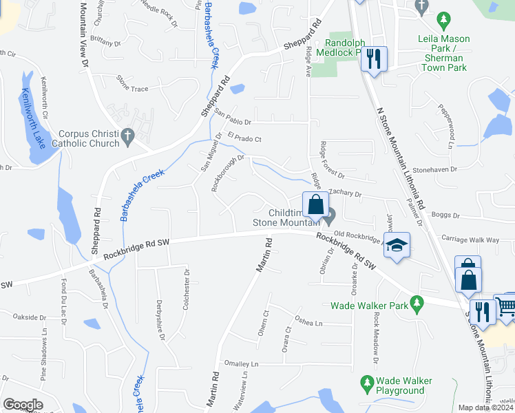 map of restaurants, bars, coffee shops, grocery stores, and more near 209 South Rockborough Court in Stone Mountain