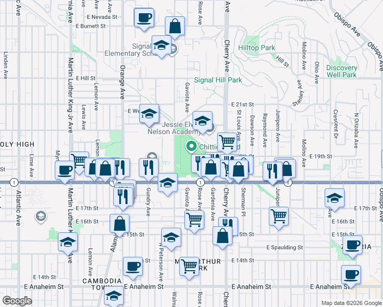 map of restaurants, bars, coffee shops, grocery stores, and more near 1900 Walnut Avenue in Long Beach