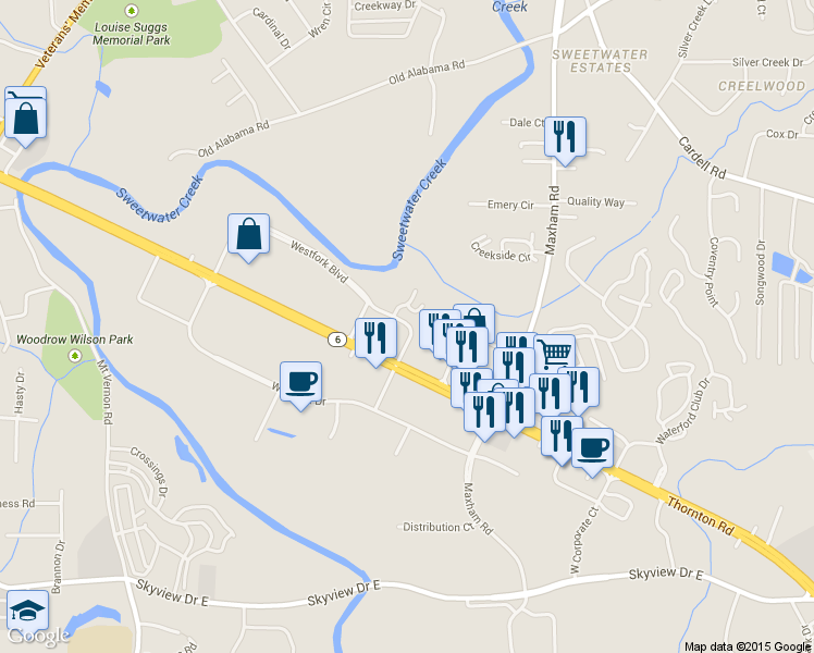 map of restaurants, bars, coffee shops, grocery stores, and more near 805 Westpark Place in Lithia Springs