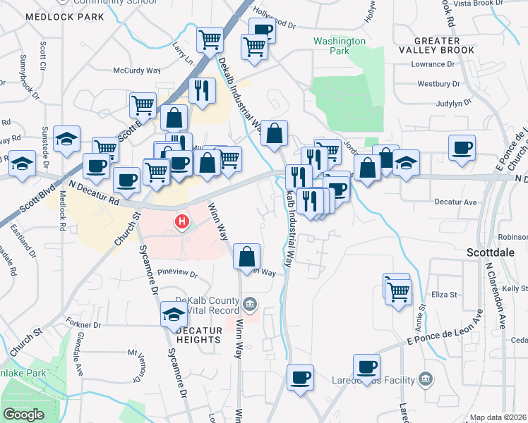 map of restaurants, bars, coffee shops, grocery stores, and more near 1102 Stratford Commons in Decatur