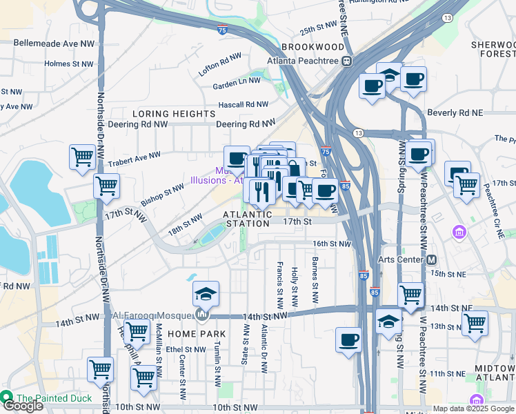 map of restaurants, bars, coffee shops, grocery stores, and more near 260 18th Street Northwest in Atlanta