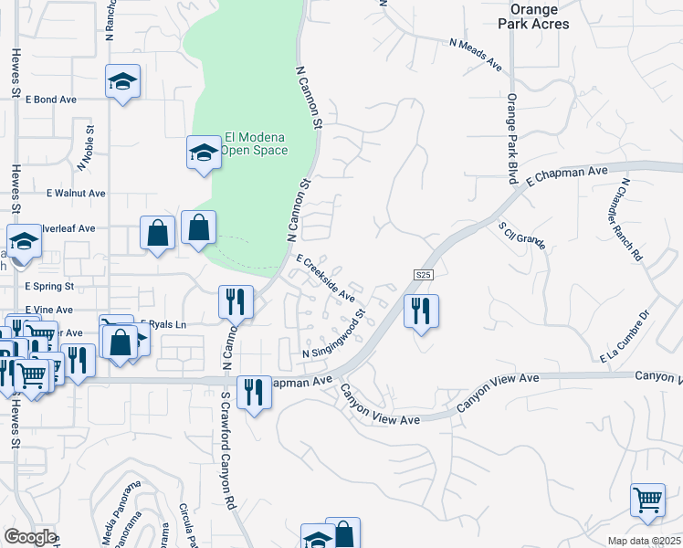map of restaurants, bars, coffee shops, grocery stores, and more near 5825 East Creekside Avenue in Orange