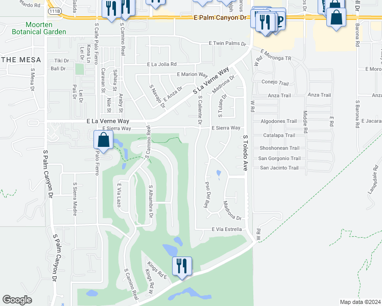 map of restaurants, bars, coffee shops, grocery stores, and more near 2215 South Caliente Drive in Palm Springs