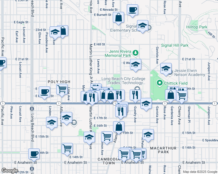 map of restaurants, bars, coffee shops, grocery stores, and more near 1950 Lemon Avenue in Long Beach