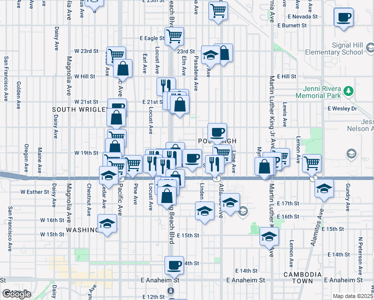 map of restaurants, bars, coffee shops, grocery stores, and more near 345 East 19th Street in Long Beach