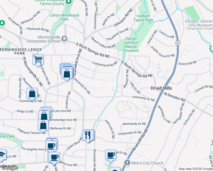 map of restaurants, bars, coffee shops, grocery stores, and more near 1256 Spring Valley Lane Northeast in Atlanta