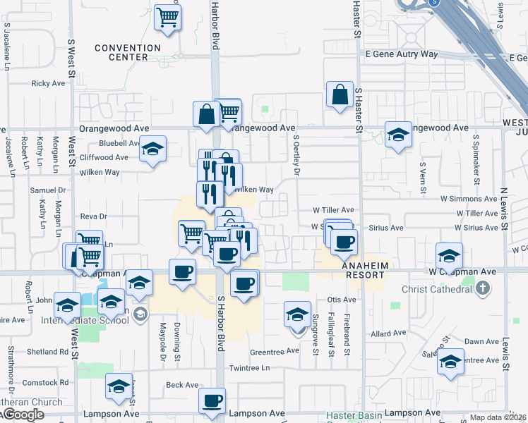 map of restaurants, bars, coffee shops, grocery stores, and more near 489 West Summerfield Circle in Anaheim