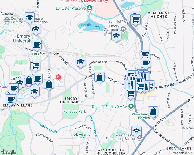 map of restaurants, bars, coffee shops, grocery stores, and more near 1911 North Decatur Road in Atlanta