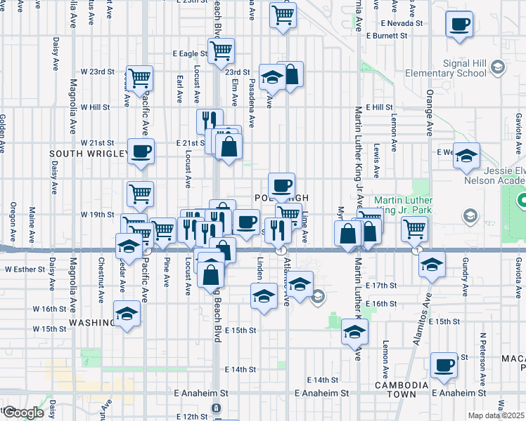 map of restaurants, bars, coffee shops, grocery stores, and more near 525 East 19th Street in Long Beach