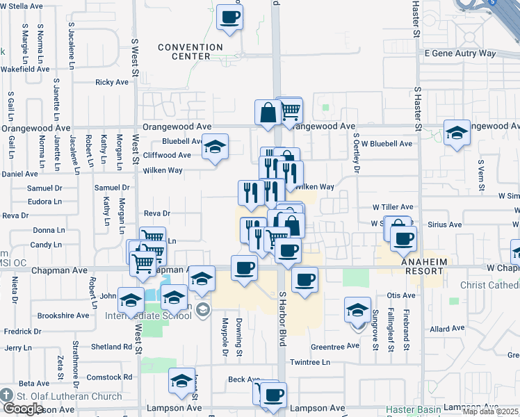 map of restaurants, bars, coffee shops, grocery stores, and more near 2175 South Mallul Drive in Anaheim