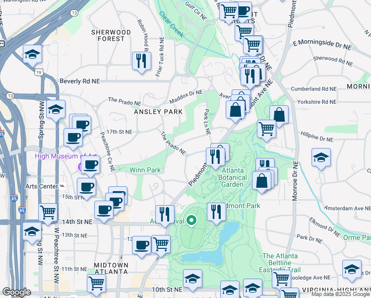 map of restaurants, bars, coffee shops, grocery stores, and more near 59 The Prado Northeast in Atlanta