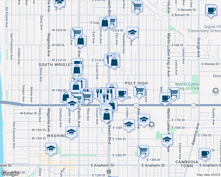 map of restaurants, bars, coffee shops, grocery stores, and more near 1902 Long Beach Boulevard in Long Beach