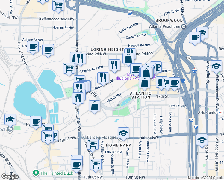 map of restaurants, bars, coffee shops, grocery stores, and more near 464 Bishop Street Northwest in Atlanta