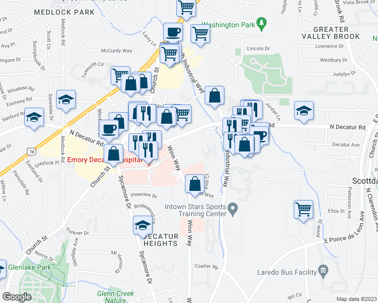 map of restaurants, bars, coffee shops, grocery stores, and more near North Decatur Lane in Decatur