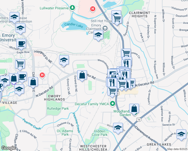 map of restaurants, bars, coffee shops, grocery stores, and more near 1982 North Decatur Road in Atlanta