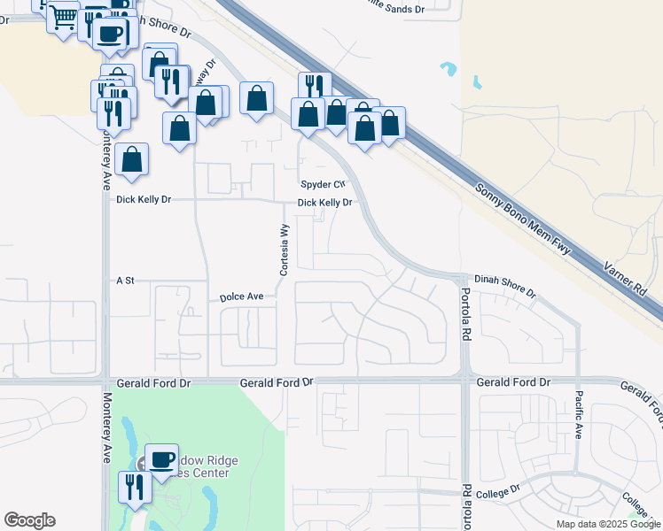 map of restaurants, bars, coffee shops, grocery stores, and more near 73514 Henri Drive in Palm Desert