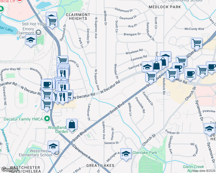 map of restaurants, bars, coffee shops, grocery stores, and more near 2302 North Decatur Road in Decatur