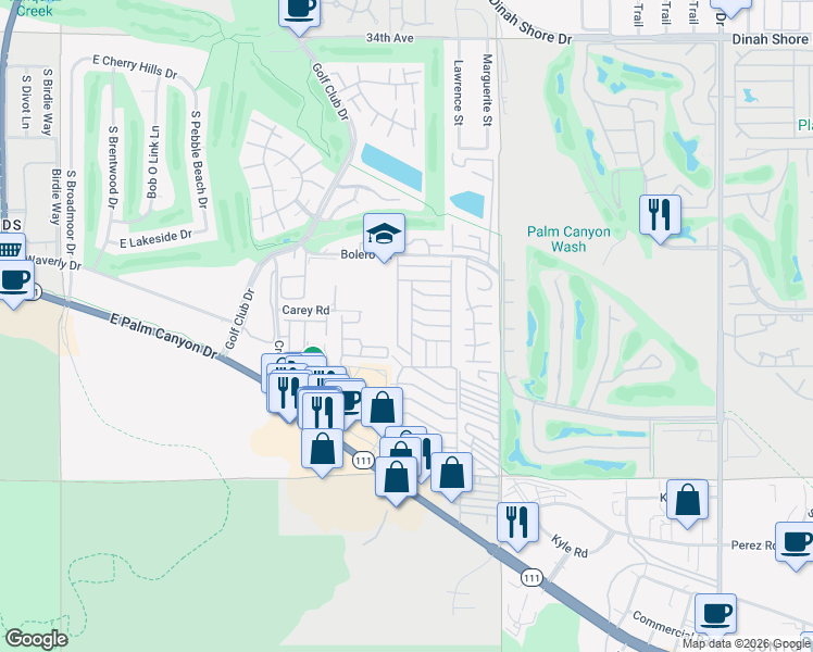 map of restaurants, bars, coffee shops, grocery stores, and more near 310 San Domingo Drive in Palm Springs