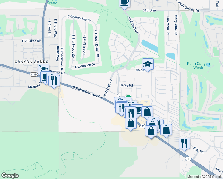 map of restaurants, bars, coffee shops, grocery stores, and more near 2700 Golf Club Drive in Palm Springs