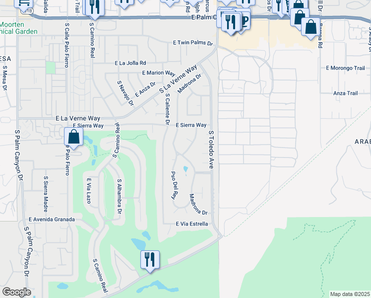 map of restaurants, bars, coffee shops, grocery stores, and more near 2204 South La Paz Way in Palm Springs