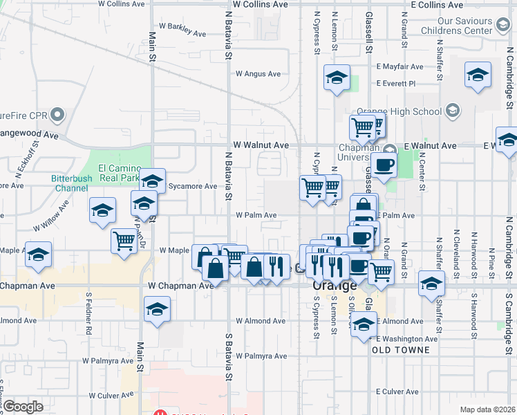 map of restaurants, bars, coffee shops, grocery stores, and more near 324 North Parker Street in Orange