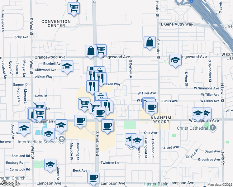 map of restaurants, bars, coffee shops, grocery stores, and more near 500 West Summerfield Circle in Anaheim