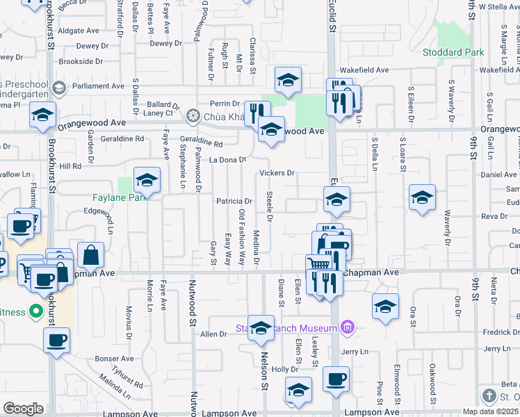 map of restaurants, bars, coffee shops, grocery stores, and more near 11761 Medina Drive in Garden Grove