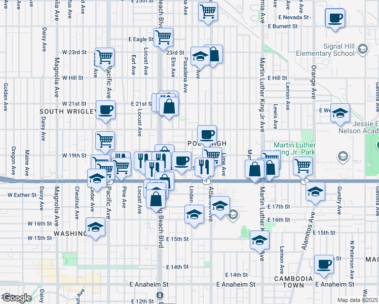 map of restaurants, bars, coffee shops, grocery stores, and more near 525 East 19th Street in Long Beach