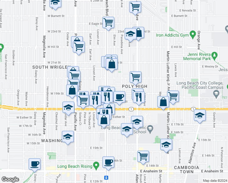map of restaurants, bars, coffee shops, grocery stores, and more near 345 East 19th Street in Long Beach