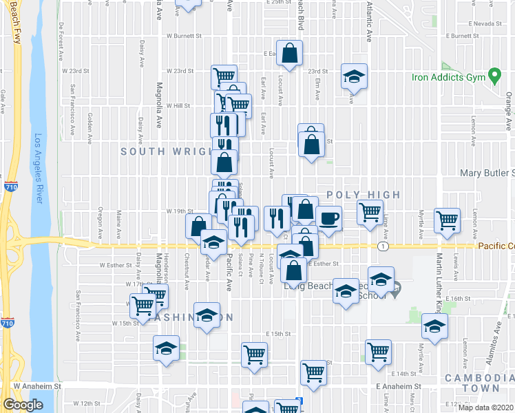 map of restaurants, bars, coffee shops, grocery stores, and more near 1907 Pine Avenue in Long Beach