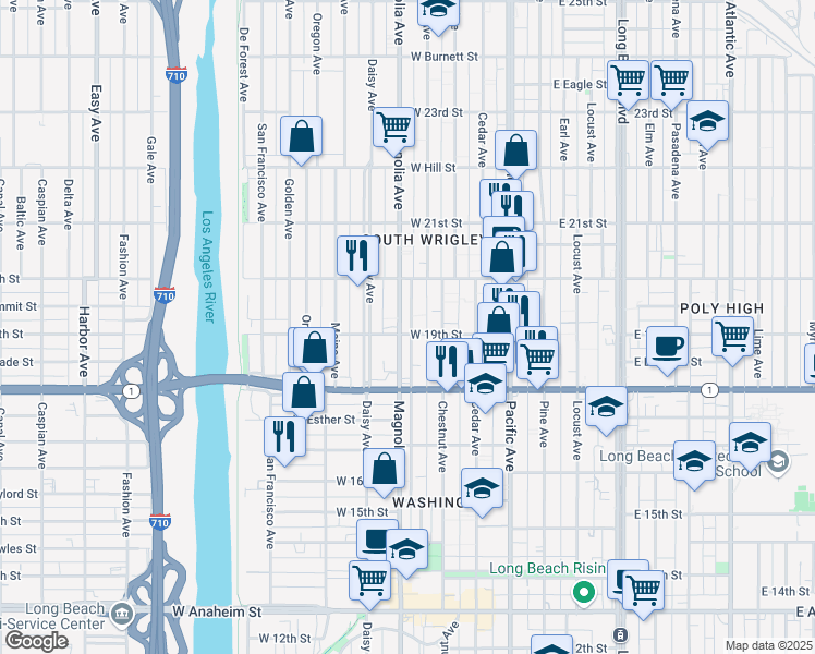 map of restaurants, bars, coffee shops, grocery stores, and more near 1909 Magnolia Avenue in Long Beach