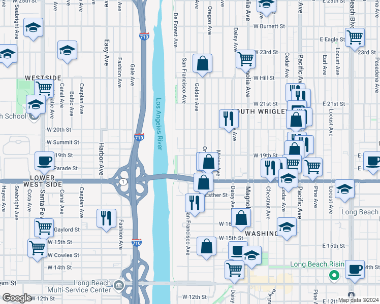 map of restaurants, bars, coffee shops, grocery stores, and more near 857 West 19th Street in Long Beach