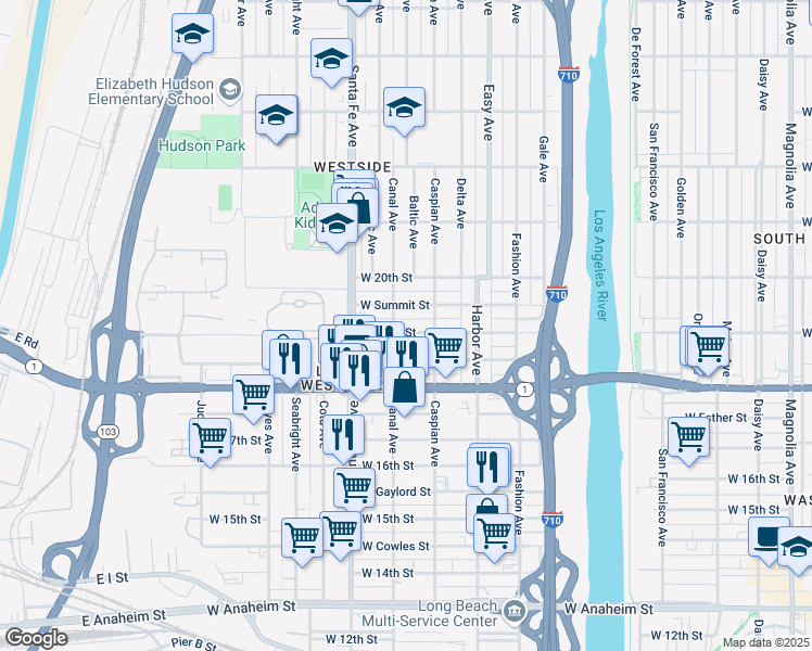 map of restaurants, bars, coffee shops, grocery stores, and more near 1559 West 19th Street in Long Beach