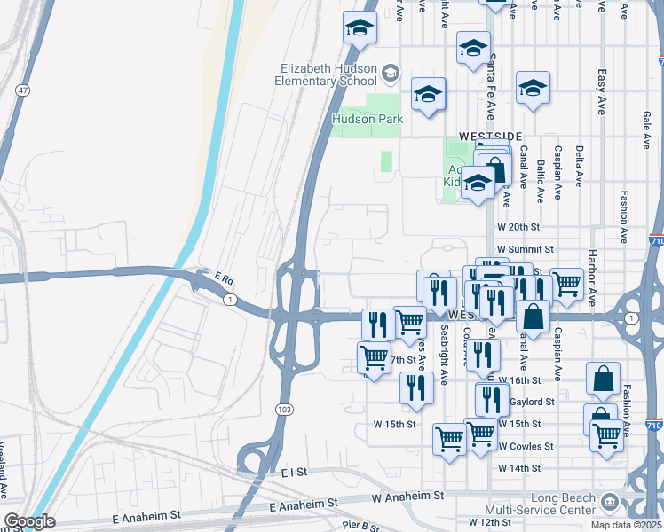 map of restaurants, bars, coffee shops, grocery stores, and more near 2001 River Avenue in Long Beach