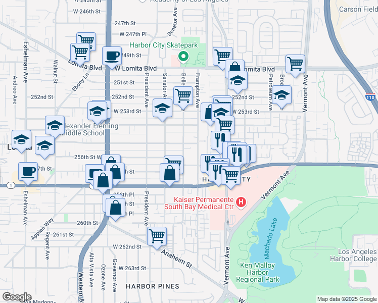 map of restaurants, bars, coffee shops, grocery stores, and more near 25518 Belle Porte Avenue in Los Angeles