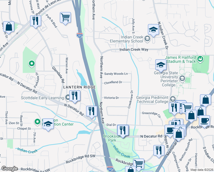 map of restaurants, bars, coffee shops, grocery stores, and more near 3566 Cloudland Drive in Stone Mountain