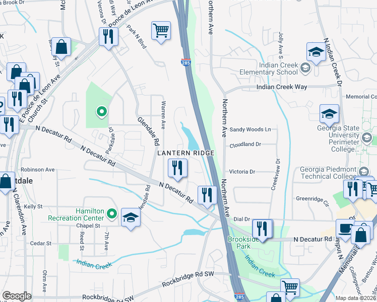 map of restaurants, bars, coffee shops, grocery stores, and more near 577 Lantern Wood Drive in Scottdale