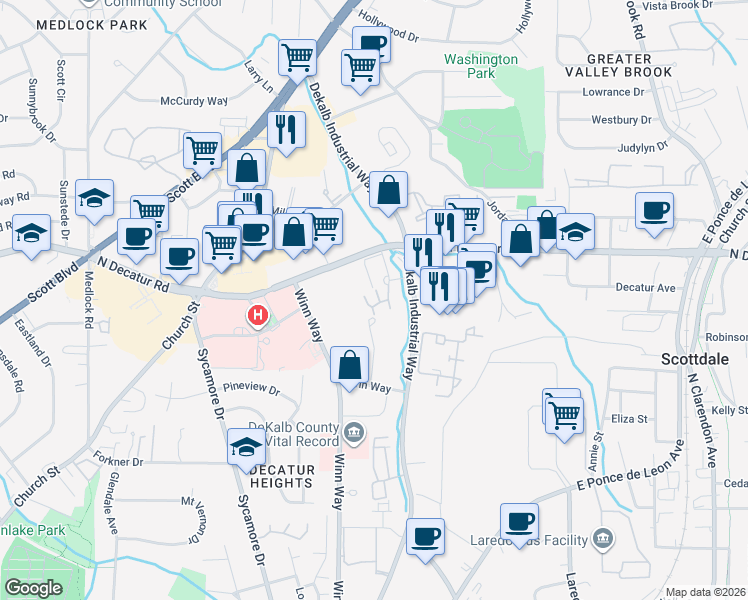map of restaurants, bars, coffee shops, grocery stores, and more near 1102 Stratford Commons in Decatur