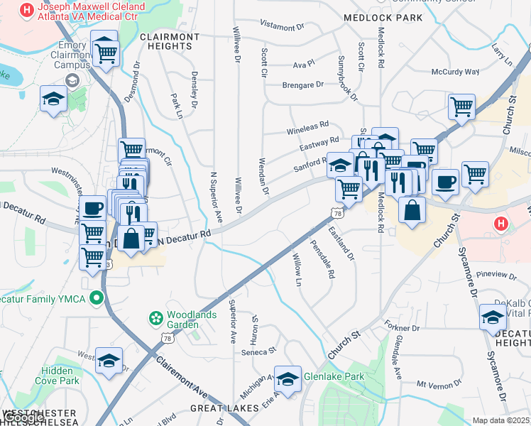 map of restaurants, bars, coffee shops, grocery stores, and more near 2331 North Decatur Road in Decatur